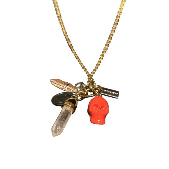 Coach Skull Charm Necklace Gold-Tone Chain With Crystal & Red Skull Pendant - Picture 1 of 7